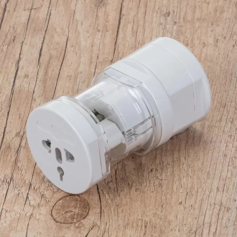 Adaptador universal branco em plástico resistente com detalhe acrílico
