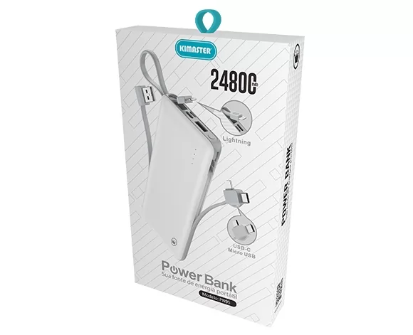 POWER BANK COM CABO REMOVÍVEL 24800MAH