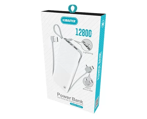POWER BANK SLIM COM CABO REMOVÍVEL 12800MAH