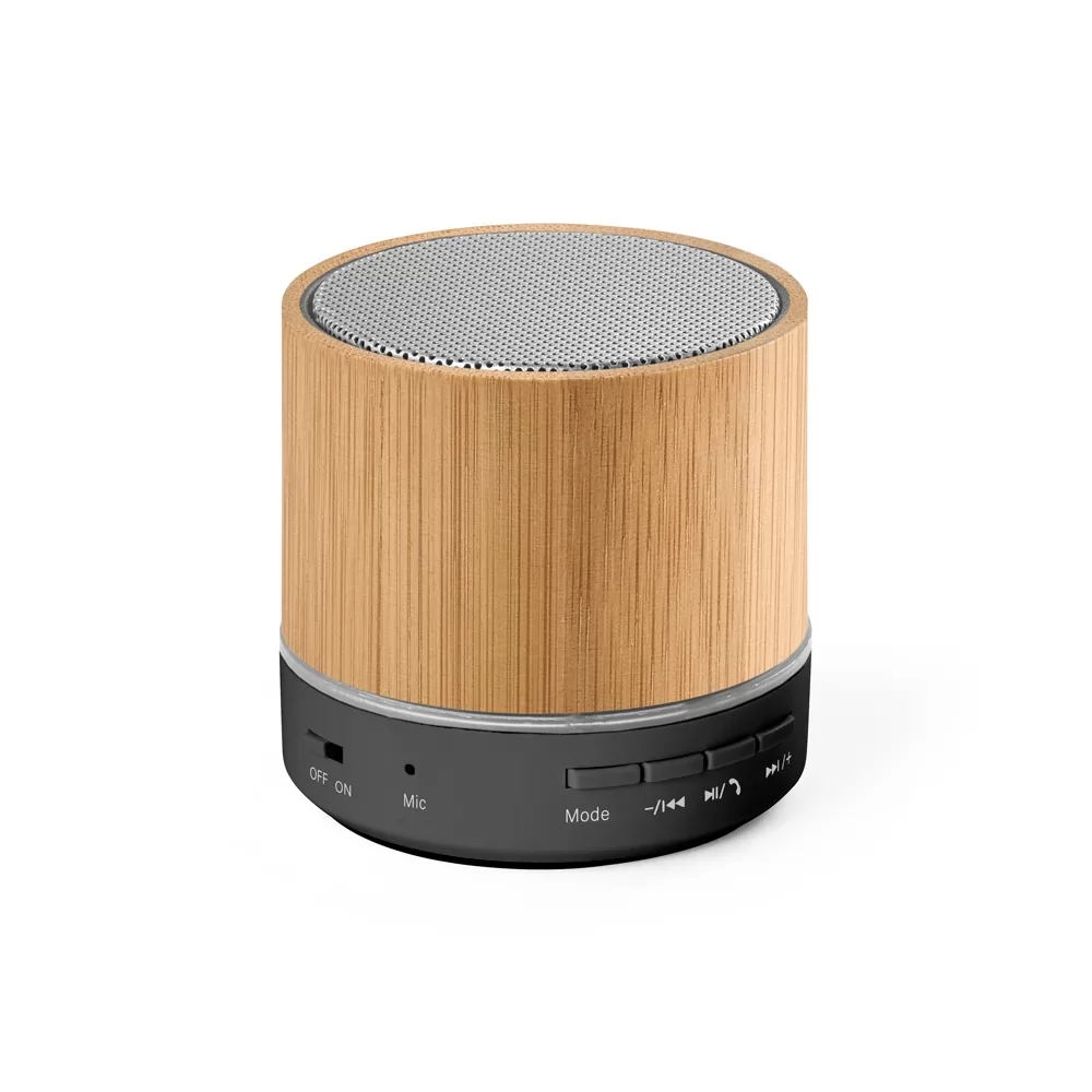 Caixa de som portátil com microfone, em bambu e ABS 100% reciclado 400 mAH