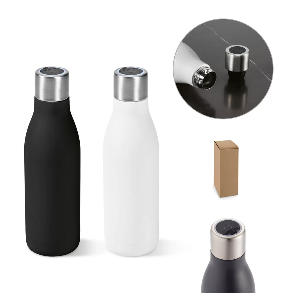 Garrafa em aço inox (90% reciclado) de parede dupla térmica com sistema de auto-sanitização UV 500 m