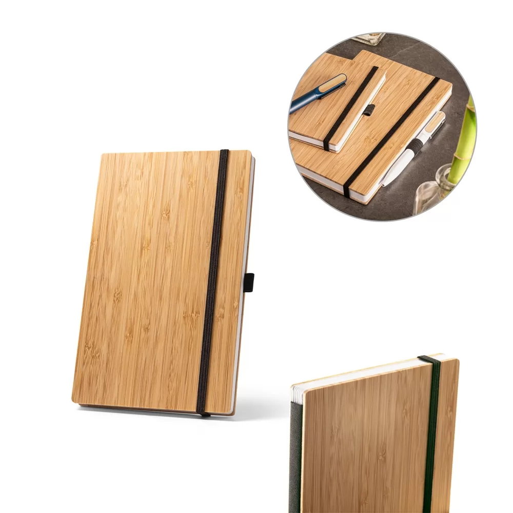 Caderno de bolso de capa e contracapa em placa de bambu e lombada em poliéster 100% reciclado (100% 