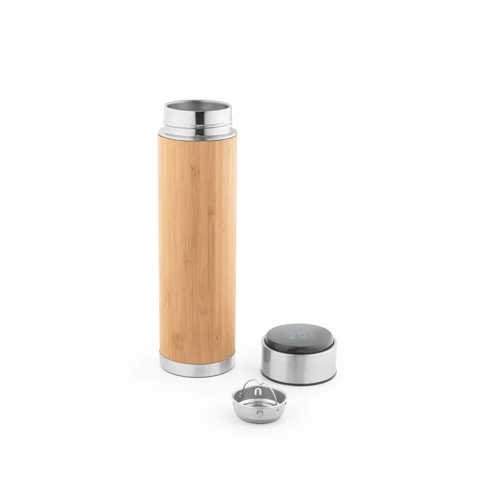 Squeeze térmico em aço inox reciclado e bambu com termómetro digital 430 mL