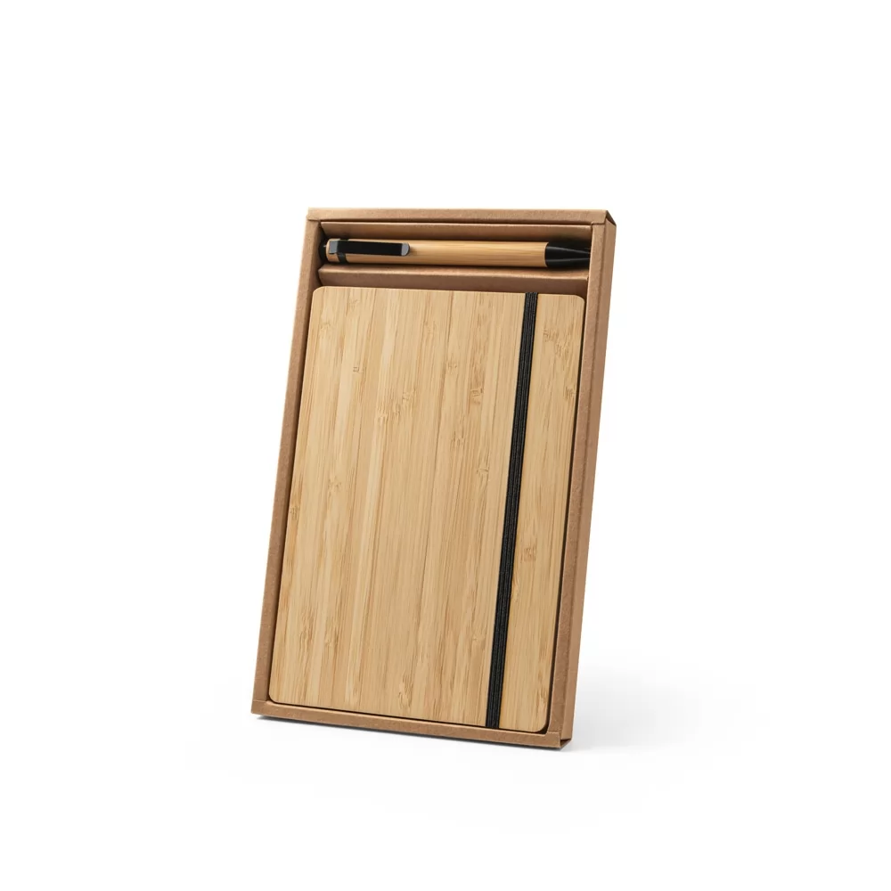 Conjunto de caderno A5 em bambu com páginas pautadas e esferográfica em bambu