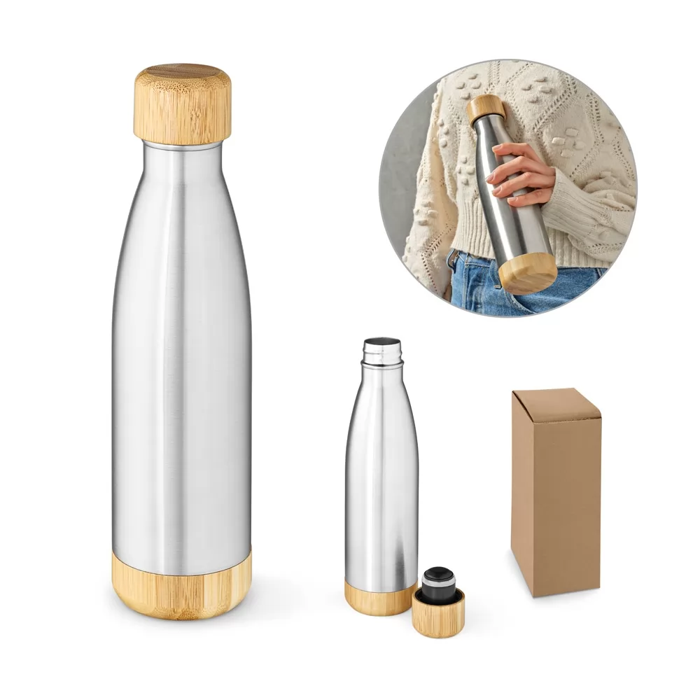 Garrafa em aço inox (90% reciclado) com tampa em bambu 550 mL