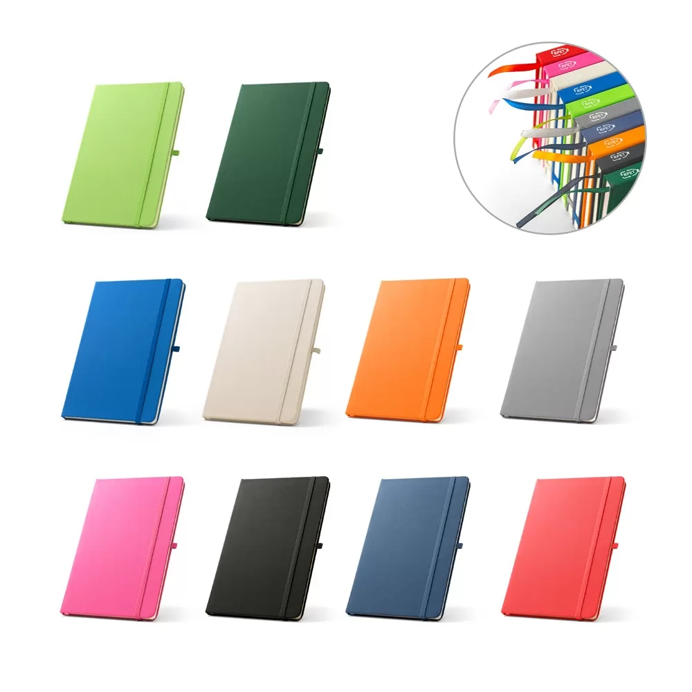 Caderno A5 de capa dura em poliéster 100% reciclado (100% rPET) com cantos redondos e folhas pautada