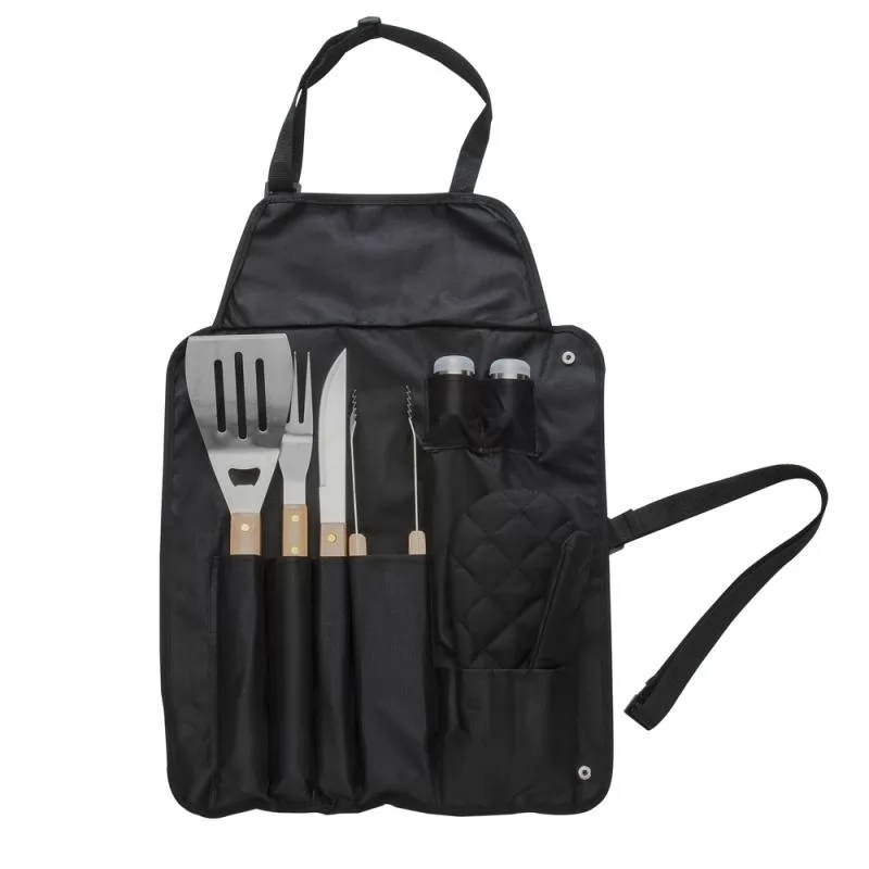 Kit churrasco com 6 peças, avental em nylon com botões e alça travável para fechar o kit