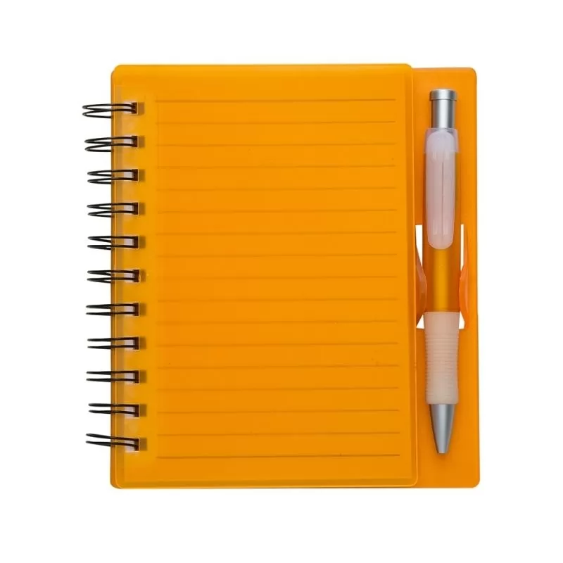 Bloco de anotações acrílico colorido com wire-o e caneta plástica