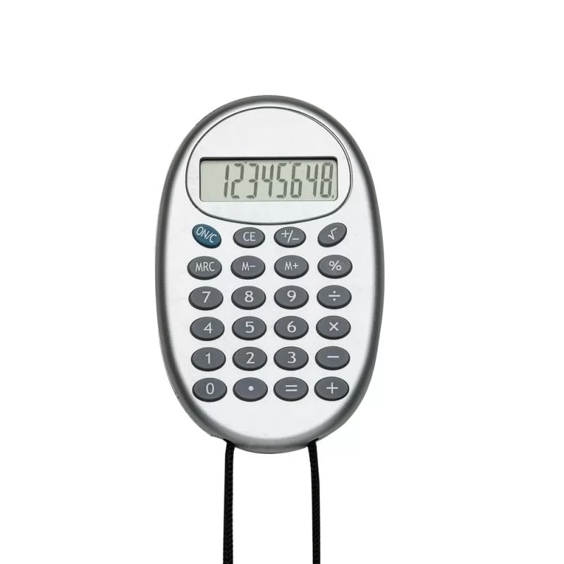 Calculadora plástica oval de 8 dígitos prata com cordão e acessórios coloridos