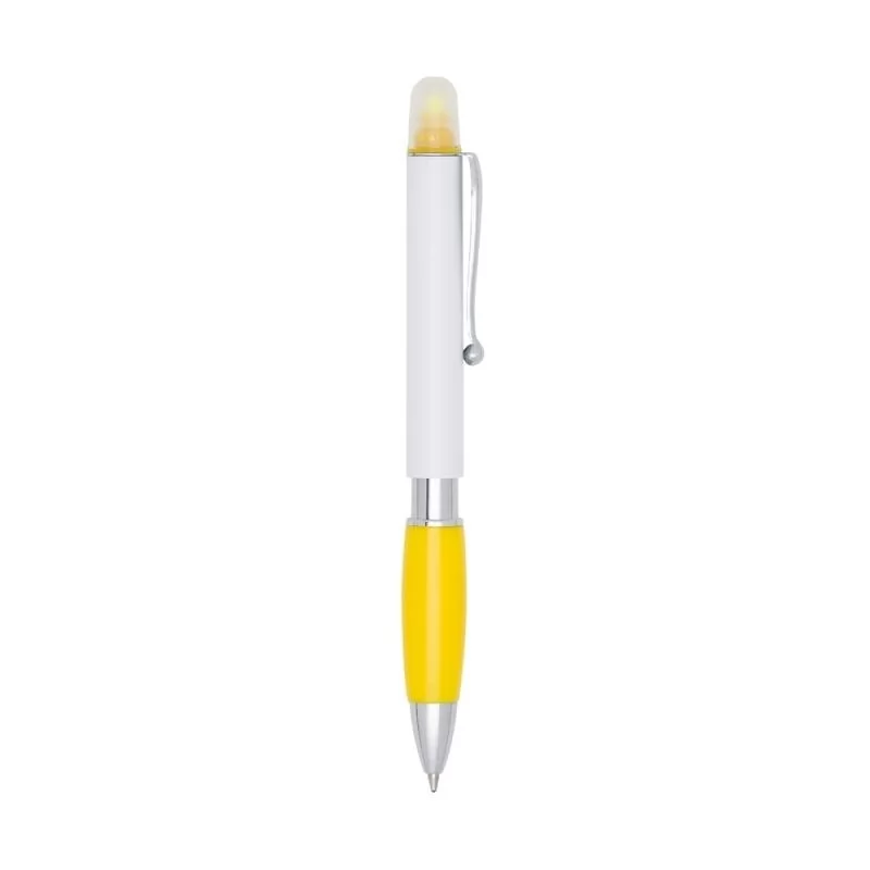 Caneta plástica marca texto com corpo branco e detalhes coloridos