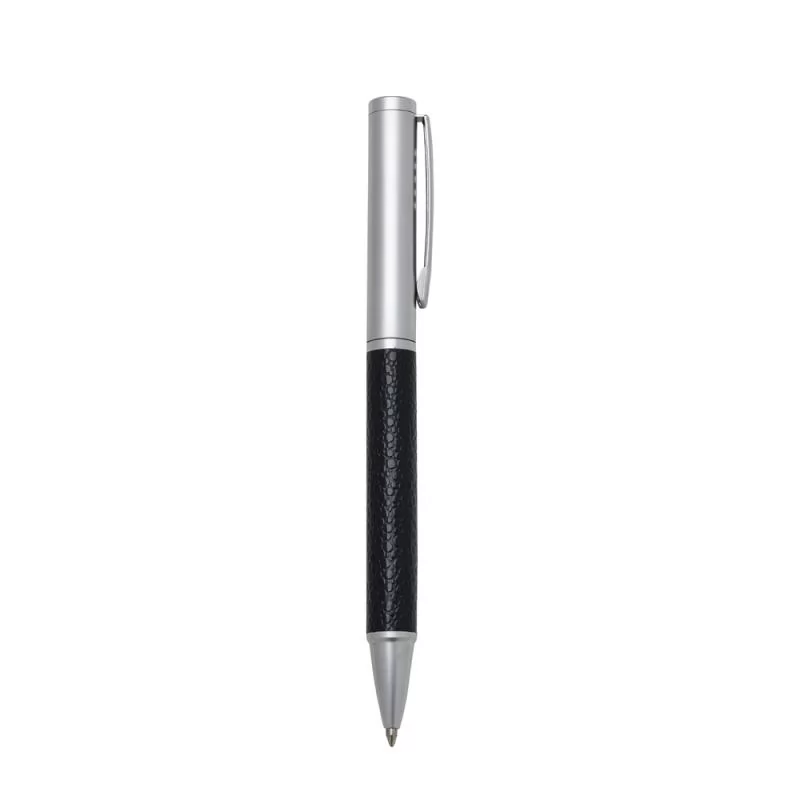 Caneta metal executiva prata com detalhes.