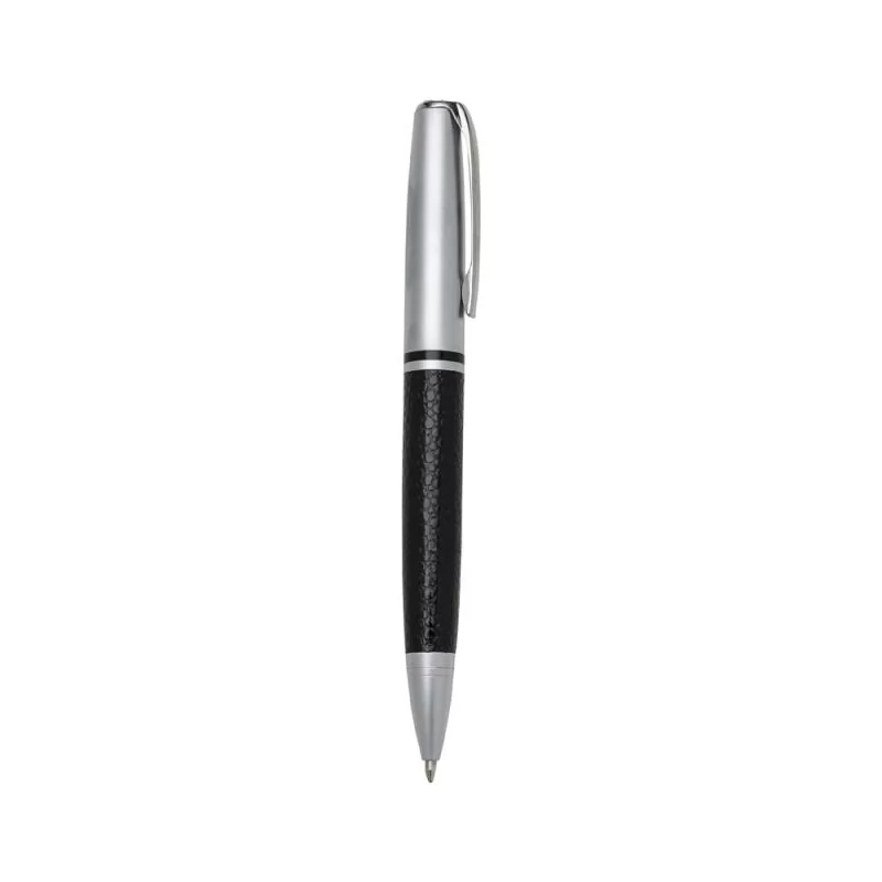 Caneta metal prata com couro preto.