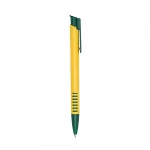 Caneta plástica corpo amarelo com detalhes coloridos